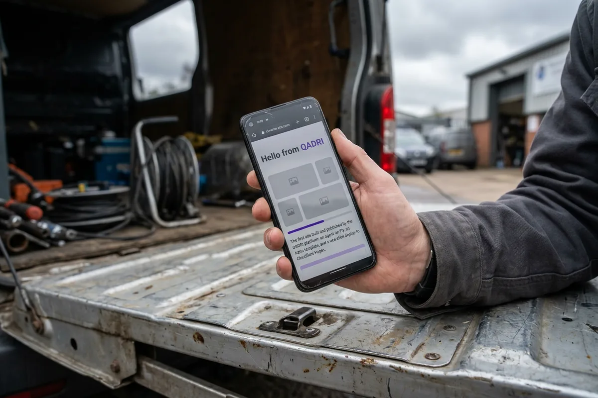 A mid-range mobile phone showing a website still loading, held over the tailgate of a work van