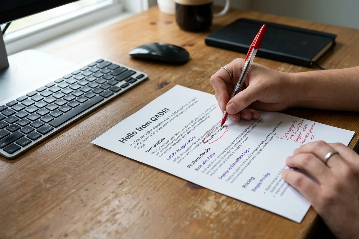 Hands using a red pen to circle a price on a printed page of website copy